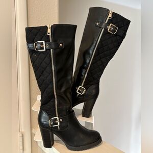 MySoft Heeled Boots Stacked Heel Black Gold Buckles Womens Size 7 Worn Once